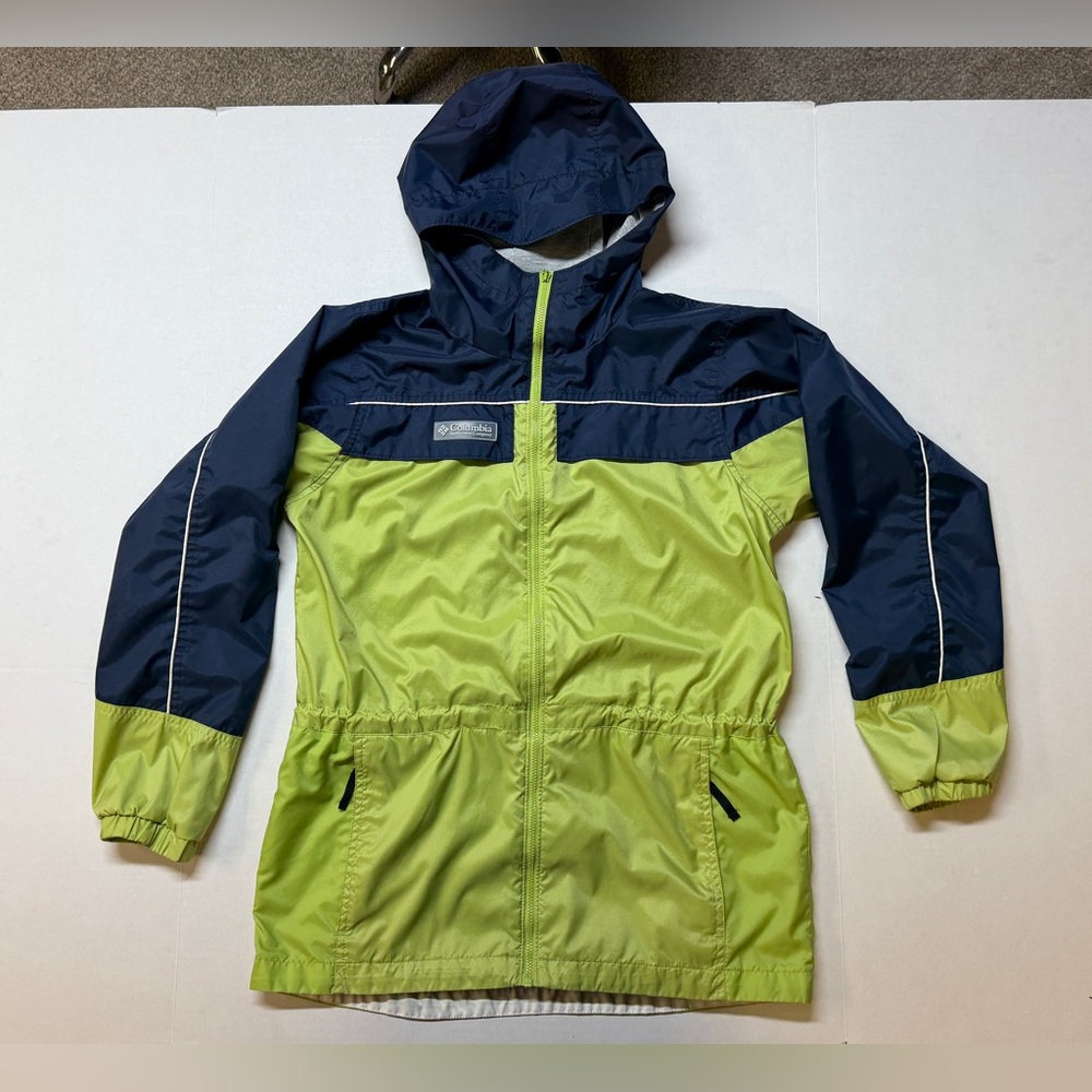 Columbia Girl’s 14/16 Green Blue Color‎ Block Hooded Rain Coat Jacket